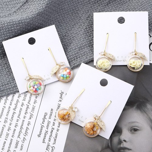 Korean Cute Jewelry Girl's Heart Candy Transparent Glass Ball Stud Earrings Hipster Lemon Earrings Sterling Silver Pin 138869