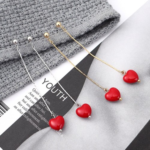 S925 Silver Korean Temperament Cute Little Red Heart Ear Pendant Long Fresh Tassel Earrings Jewelry Christmas Gift 139881