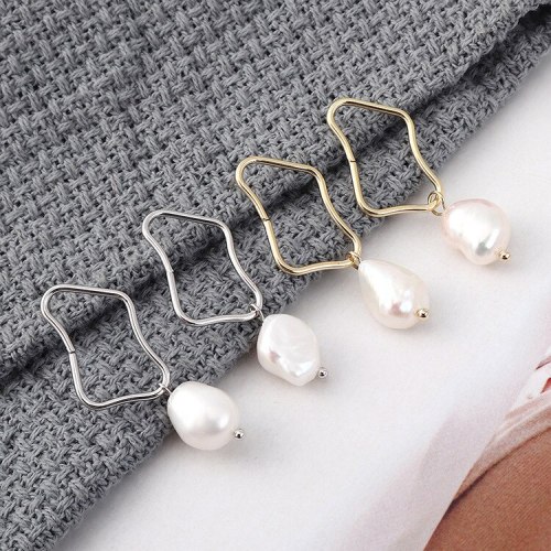 European Simple Fashion All-match Natural Pearl Earrings Female Irregular Square Hollow Earrings S925 Silver Needle 139929