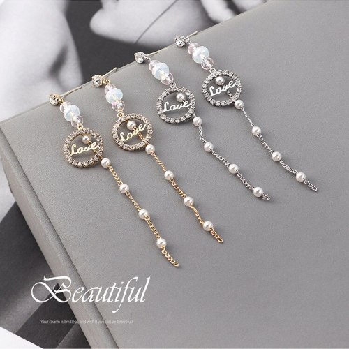 Korean Elegant Fashion Long Tassel Love Letter Earrings Circle Zircon Earrings Women's Sterling Silver Pin Small Jewelry 140017