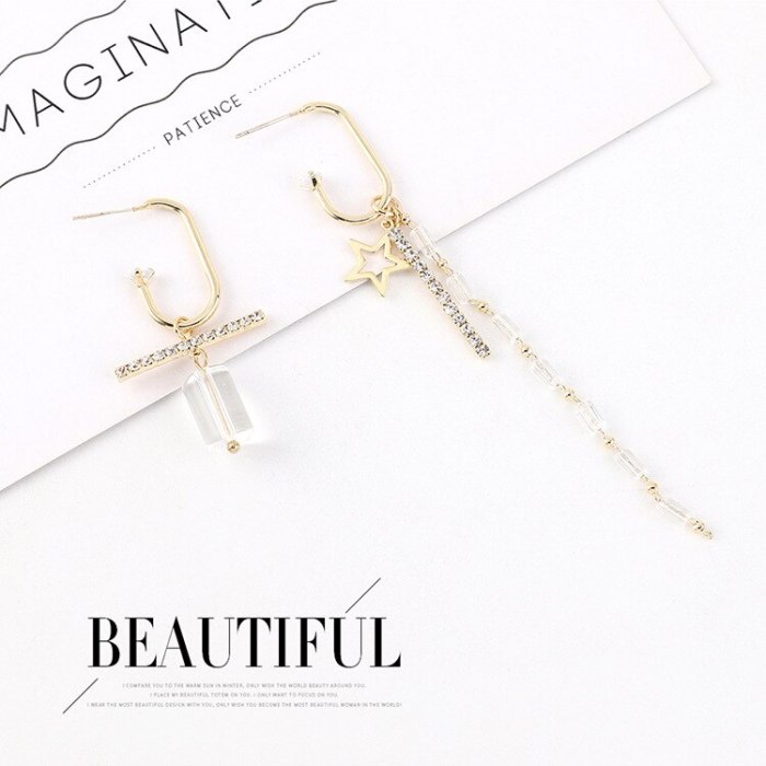 Korean Elegant Fashion Long Asymmetric Tassel Earrings Women's Creative Five-Pointed Star S925 Silver Needle Earrings 140551