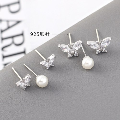 European and American Hipster All-match Butterfly Earrings Female S925 Silver Needle Simple Fashion Pearl Earrings Set 140465