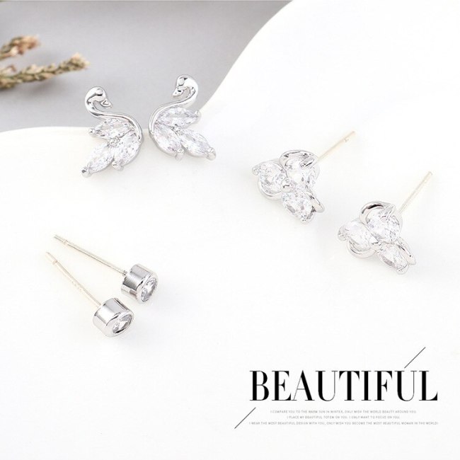 S925 Silver Needle Korean Simple Temperament Little Swan Earrings Female Fashion All-match Flower Zircon Earrings Jewelry 140474