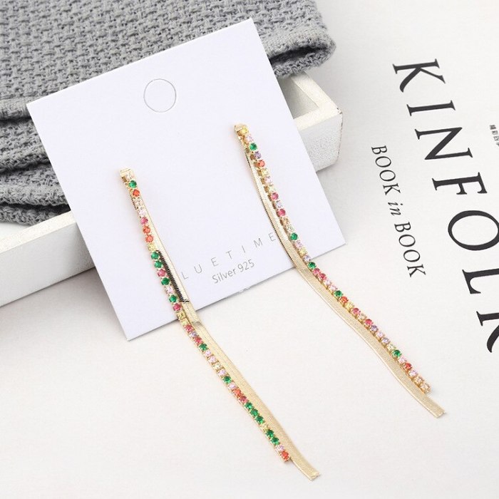 Korean Fashion Long All-match Colorful Tassel Earrings Women's Simple Temperament Diamond Set Silver Pin Earrings Jewelry 140157