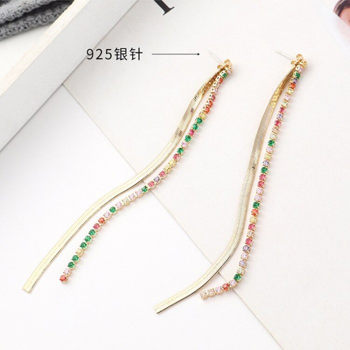 Korean Fashion Long All-match Colorful Tassel Earrings Women's Simple Temperament Diamond Set Silver Pin Earrings Jewelry 140157
