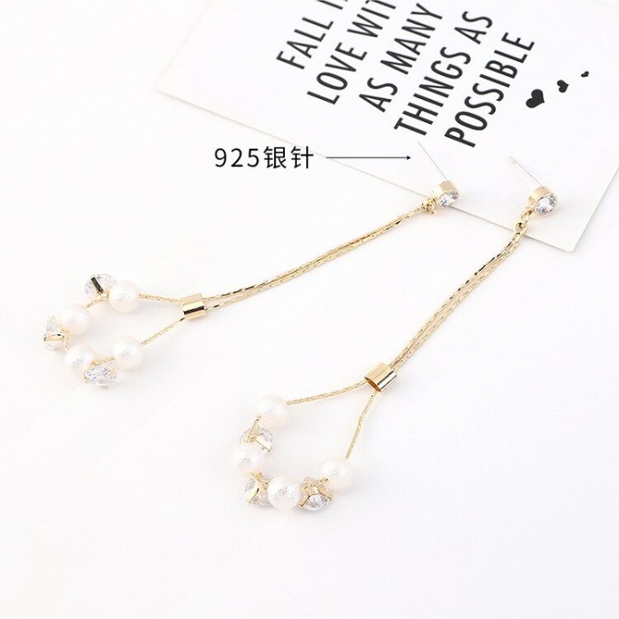 Korean Style Fashion Tassel Zircon Earrings Women's Cool All-match Creative Pearl Ear Pendant S925 Silver Needle Ornament 140566