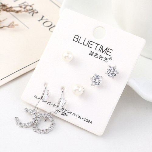 European Fashion Simple Hipster Pearl Earrings All-match Lettered Zircon Ear Pendant Female S925 Silver Needle Set 140464