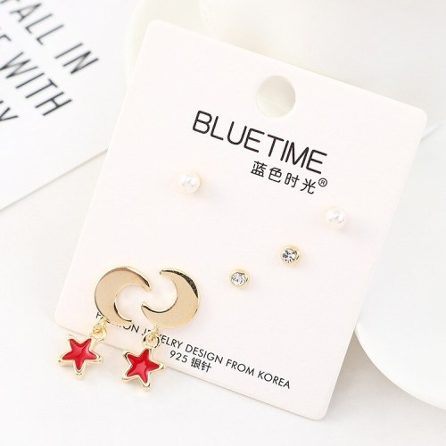 S925 Silver Needle Korean Simple Pearl Stud Earrings Female Fashion Temperament Star Moon Earrings Jewelry Set 140473