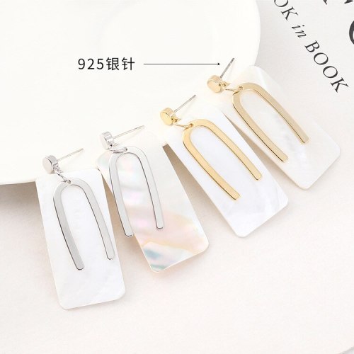 Korean Style Simple Rectangular Shell Earrings Female All-match Hipster Cool 925 Silver Pin Lettered U-Shaped Ear Stud 140395