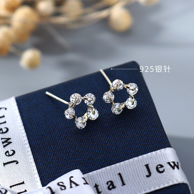 Korean-Exquisite Flower Stud Earrings Women's All-match Hipster Simple Fashion Zircon Earrings S925 Silver Pin B-4896
