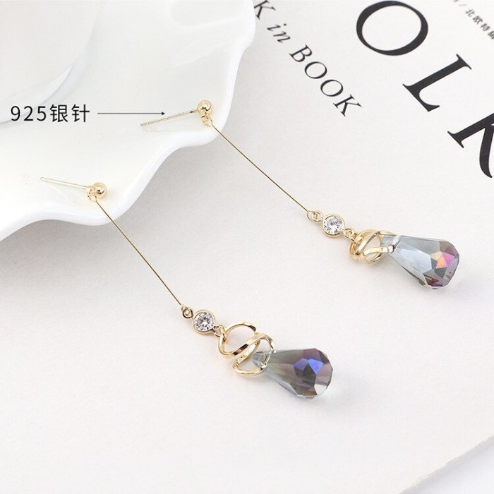 Korean Popular Temperament Long Drop-Shaped Crystal Earrings Women's Cool Tassel Earrings S925 Sterling Silver Pin 140038
