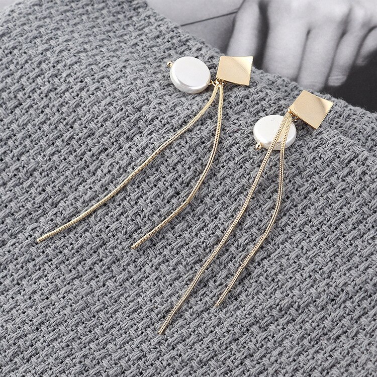 European Fashion Pearl Ear Pendant All-match Long Tassel Earrings Female Small Kite Rhombus S925 Silver Earrings 139848