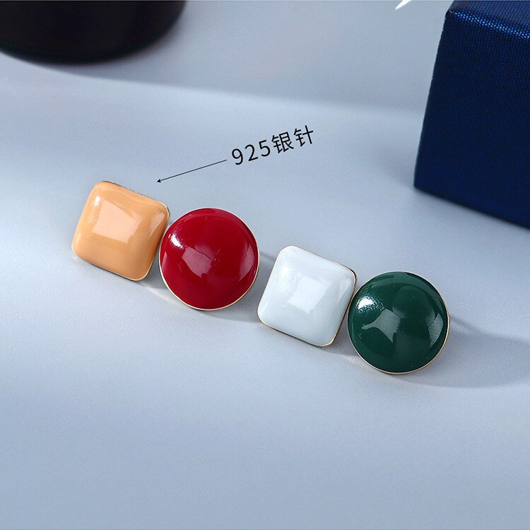 S925 Silver Pin New Hipster Geometric Round Stud Earrings Women's Korean-Style All-match Painted Oil Earrings B-4944