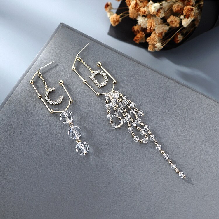 Korean Ins Wind Lettered Crystal Earrings Exaggerated Creative Asymmetric Tassel Earrings Female 925 Silver Pin Jewelry B-4887
