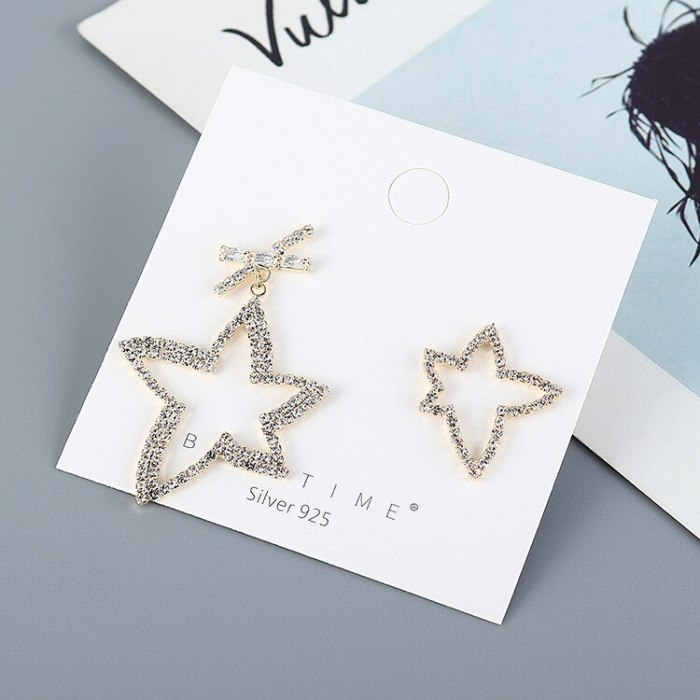 Creative Exaggerated Asymmetric Five-Pointed Star Earrings Women's Diamond-Studded Fashion Temperament S925 Silver Needle B-4868