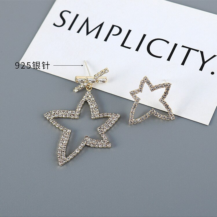 Creative Exaggerated Asymmetric Five-Pointed Star Earrings Women's Diamond-Studded Fashion Temperament S925 Silver Needle B-4868
