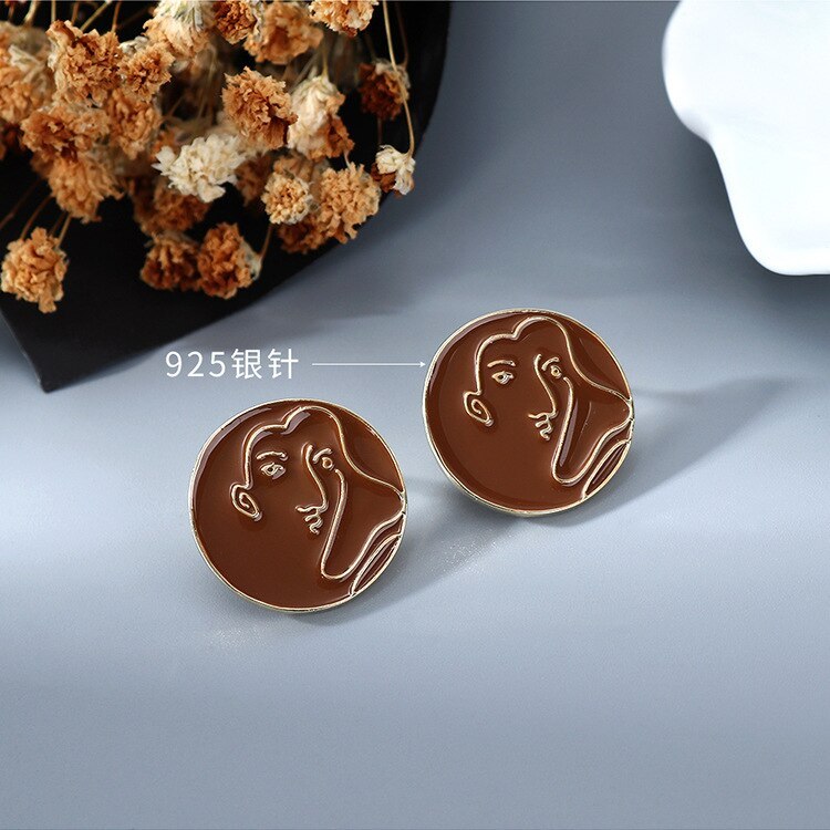S925 Silver Pin Korean-Style Abstract Face Earrings Women's Outline Simple Painted Oil Stud Earrings B-4862