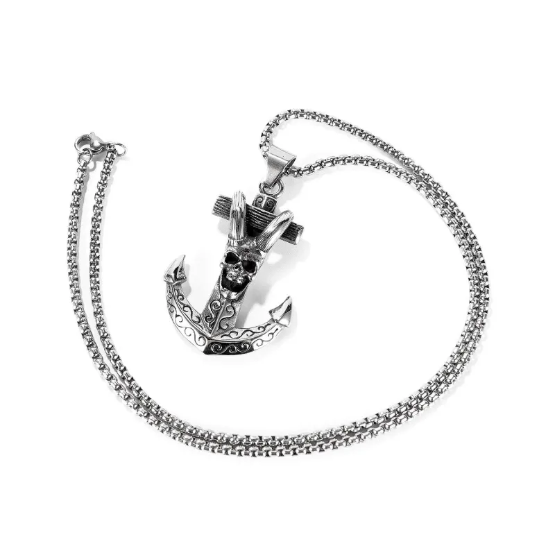 European New Product Retro Ship Anchor Sheep Horn Skeleton Cross Titanium Steel Men Necklace Jewelry Wholesale Gb1738