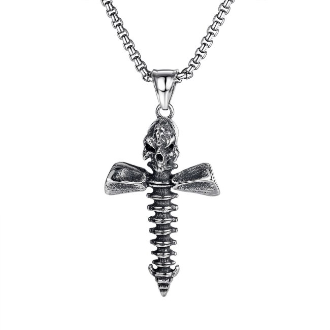 Classic Skull Screw Cross Pendant Men Titanium Steel Necklace Wholesale Gb1737