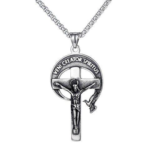 Classic Religion Jesus Cross Peace Dove Moon Titanium Steel Men's Necklace Wholesale GB1744