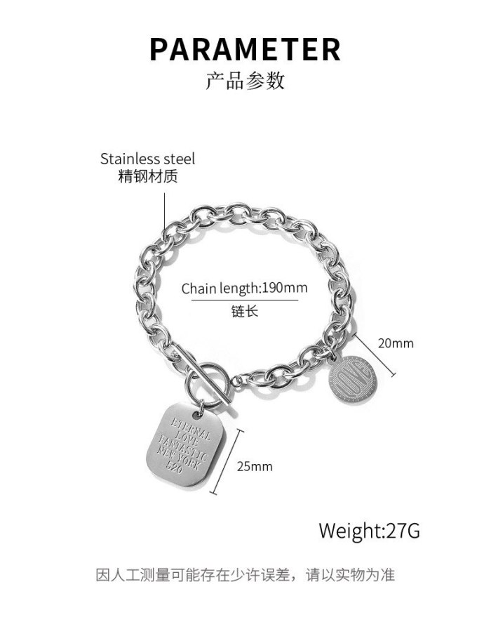 Japanese and Korean New Bracelet Fashion Versatile Square Plate Ot Button Titanium Steel Bracelet Women Wholesale Gb1116