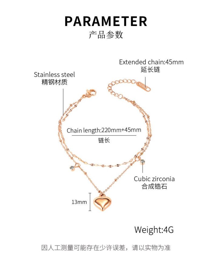 Girls Love Hearts Double Titanium Steel Anklets Women's Simple Wind Fashion Jewelry Gb114