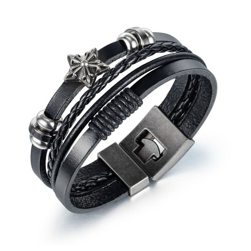 European New Simple Fashion Five Pointed Star Hand Woven Multilayer Leather Bracelet Men's Stainless Steel Bracelet Gb1416