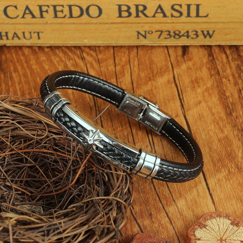 Japanese and Korean Hand Woven Man's Leather Bracelet Hip Hop Starfish Simple Stainless Steel Bracelet Gb1421