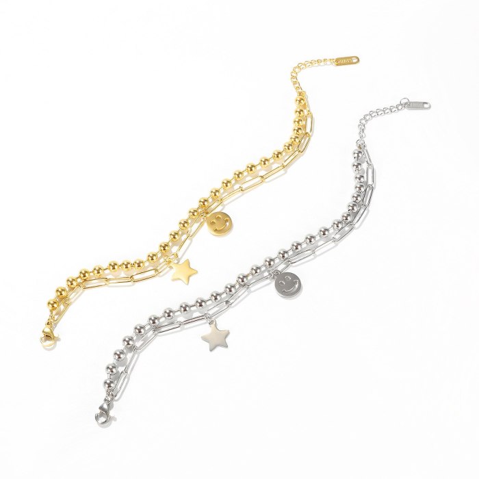 Korea Star Smiley Face Titanium Steel Ball Double-layer Bracelet Female Personality Hundred Set Small Crowd Ins Jewelry Gb1093.