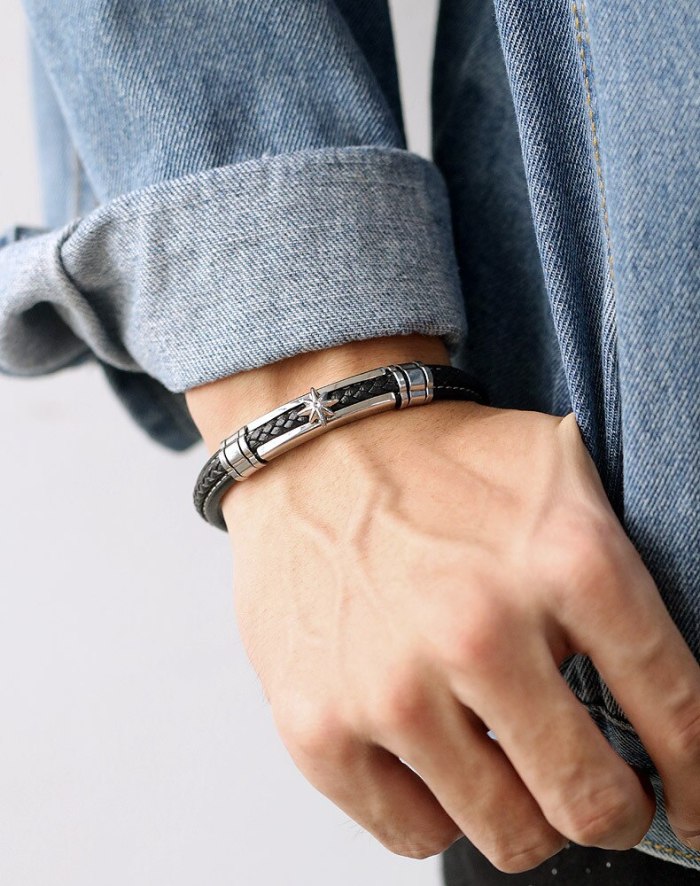Japanese and Korean Hand Woven Man's Leather Bracelet Hip Hop Starfish Simple Stainless Steel Bracelet Gb1421