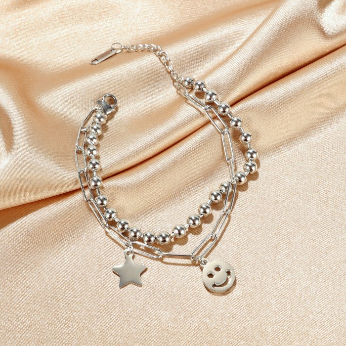 2020 New Bracelet Fashion Titanium Bracelet Female Ins Simple Double-layer Star Smiling Face Bracelet Gb1093