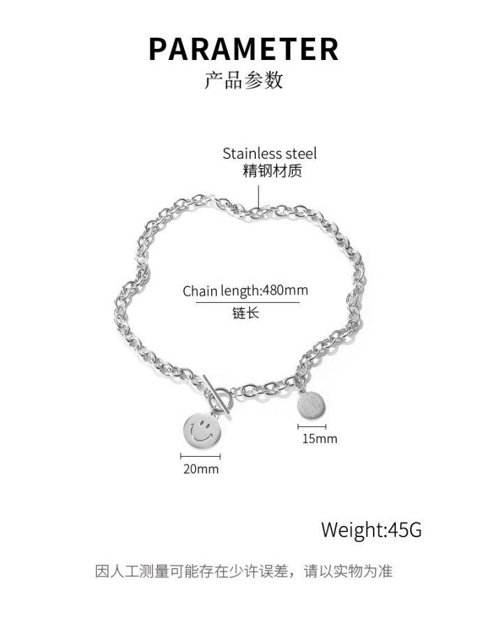 Korean Popular Stainless Steel Round Brand Necklace Smiling Face Love Titanium Steel Necklace Female Gb1777