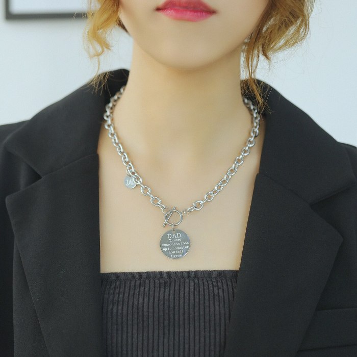 Korean Popular Jewelry Disc Lettering Ladies Titanium Steel Necklace Wholesale GB1780