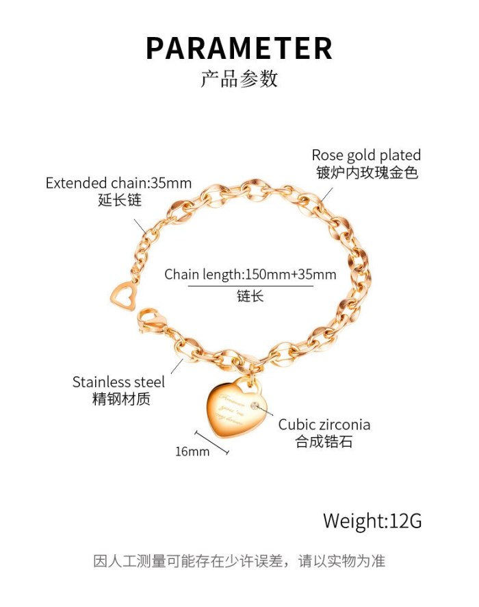 Korean Fashion Versatile Love Diamond Inlaid Lady Titanium Steel Bracelet Girl Student Accessories Gb1123