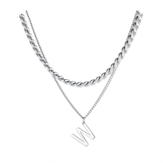 Japanese and Korean Double-layer Titanium Steel Necklace Female Fashion Personality Letter W Pendant Clavicle Chain Gb1787