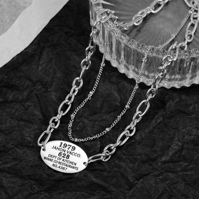 Ins Double Chain Titanium Steel Necklace Fashion Personality Square Brand Pendant Clavicle Chain Gb1786
