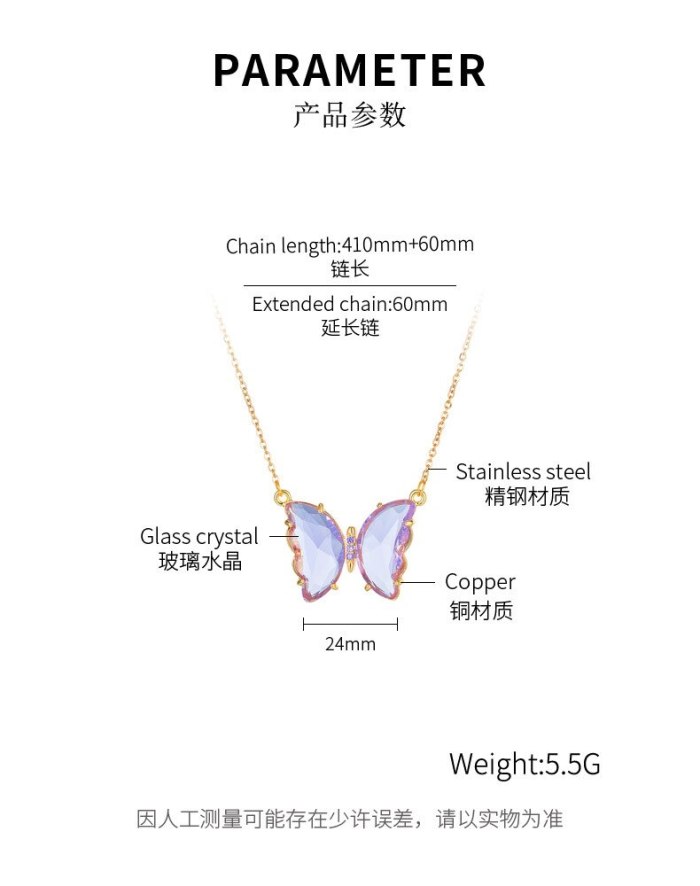 Korean Creative Small Fresh Chain Girl Crystal Diamond Pendant Personality Versatile Titanium Steel Butterfly Necklace Gb015