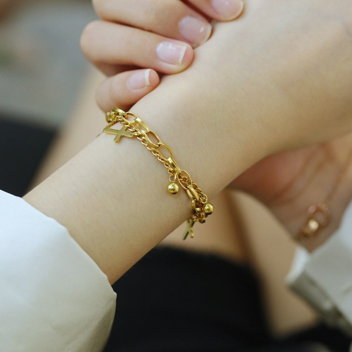 Fashion titanium steel double layer women's bracelet cross bead pendant jewelry wholesale GB 1113