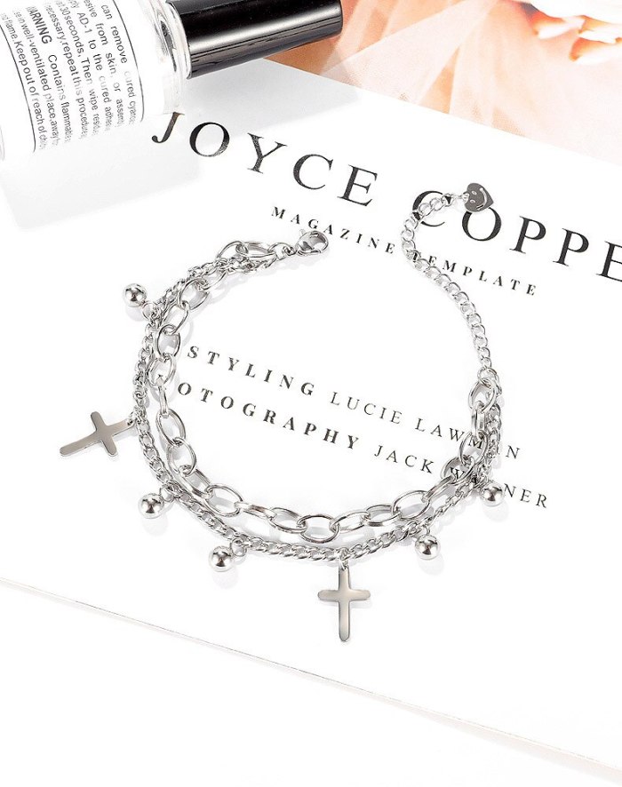 Fashion titanium steel double layer women's bracelet cross bead pendant jewelry wholesale GB 1113