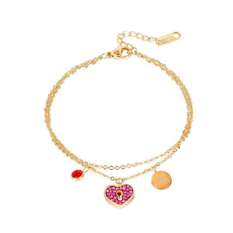 Korean Fashion Versatile Double-layer Titanium Steel Love Diamond Inlaid Fuzi Women's Bracelet Jewelry Gb1106