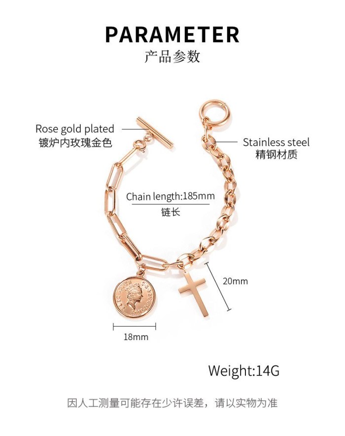 Korean Version of Ins Retro Cross Bracelet Simple Human Like Coins Titanium Steel Bracelet Gb1097