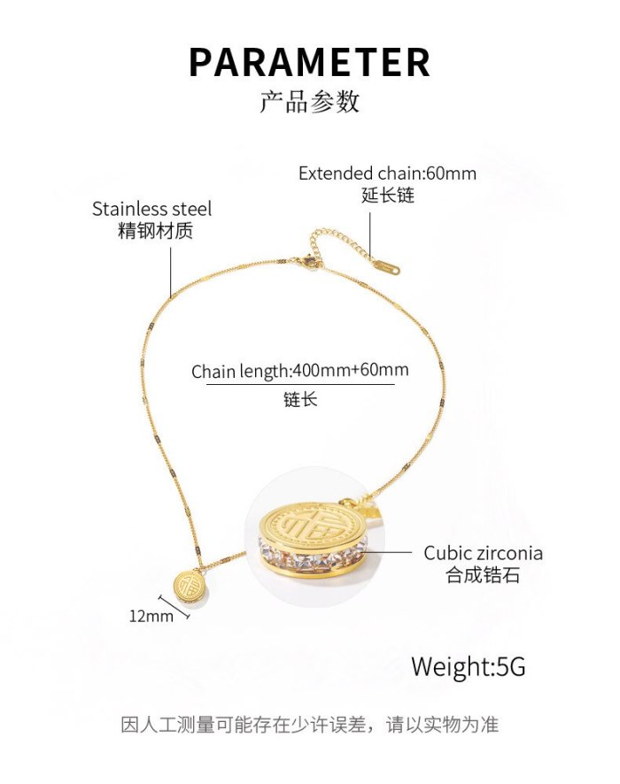 Korean Version of The Fashion Fukushi Titanium Steel Necklace Personality Zircon Hundred-tied Collarchain Pendant Gb1721
