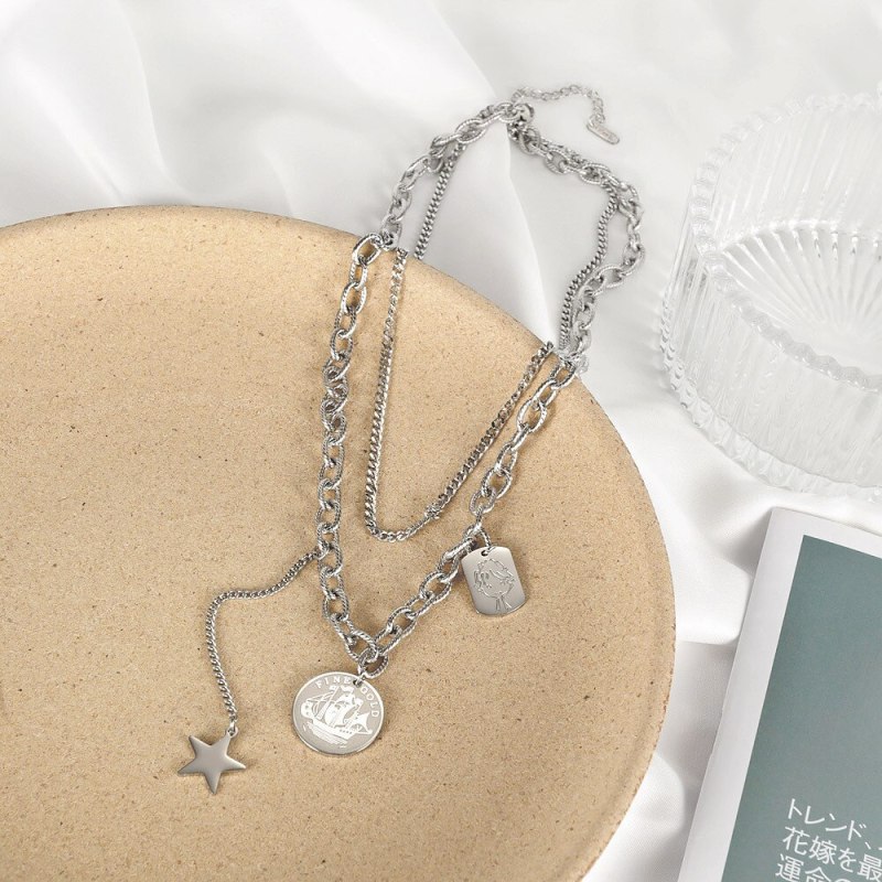 Korean Multi-layer Titanium Steel Chain Queen Disc Necklace Personality Five Pointed Star Pendant Sweater Chain Female Gb1797