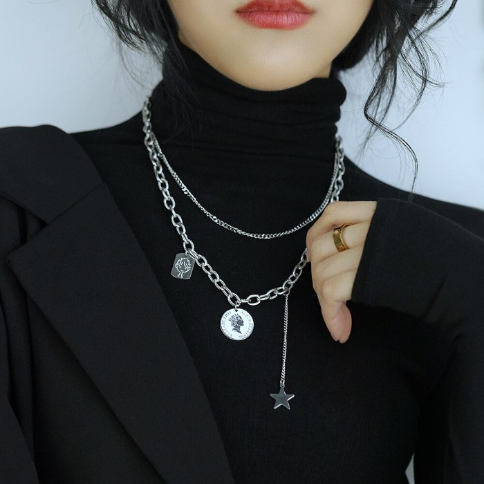 Korean Multi-layer Titanium Steel Chain Queen Disc Necklace Personality Five Pointed Star Pendant Sweater Chain Female Gb1797