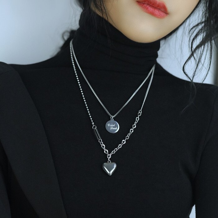 European Light Small Fragrance Peach Heart Titanium Steel Necklace Trend Good Luck Double Layer Sweater Chain Female GB1806