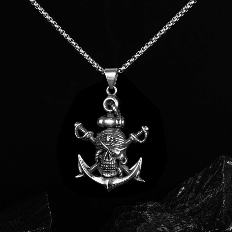 European and American Double Sword Pirate Titanium Steel Necklace Retro Halloween Skeleton Ghost Anchor Necklace Gb1828