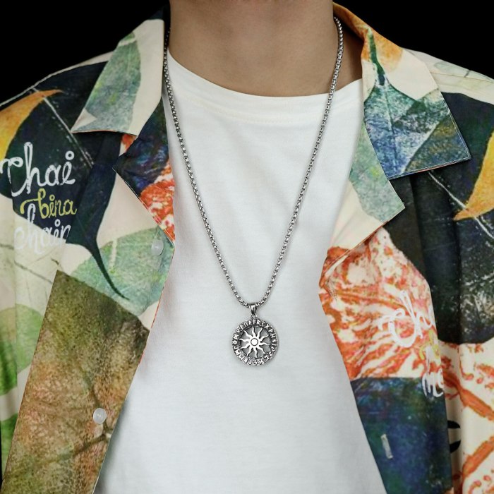 European and American Retro Circle Sun Flower Titanium Steel Men's Necklace Lettering Pendant Jewelry Gb1814