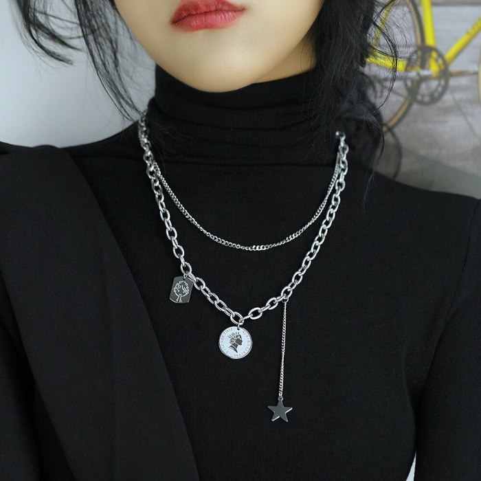 Korean Multi-layer Titanium Steel Chain Queen Disc Necklace Personality Five Pointed Star Pendant Sweater Chain Female Gb1797