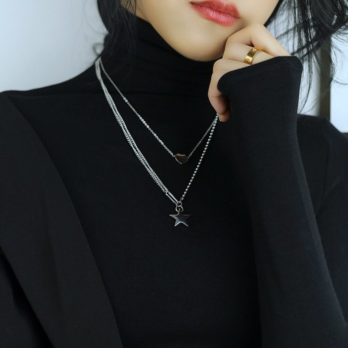 Ins Personality Heart-shaped Five Pointed Star Clavicle Chain Trend Love Choker Double Titanium Steel Necklace GB1805