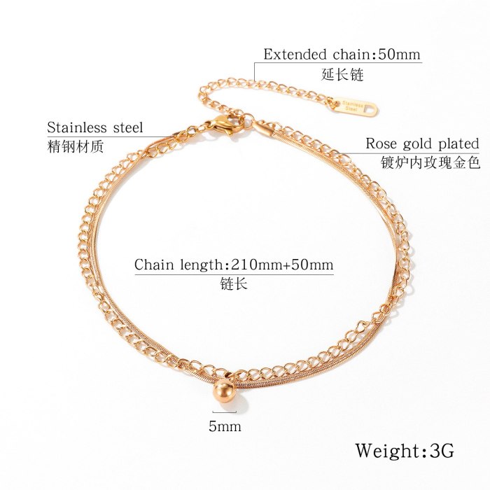 Japanese and Korean Fashion Bead Titanium Steel Anklet Women's Versatile Fresh Rose Plated Gold Summer Jewelry GB101